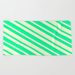 [ Thumbnail: Green & Light Yellow Colored Lined Pattern Beach Towel ]