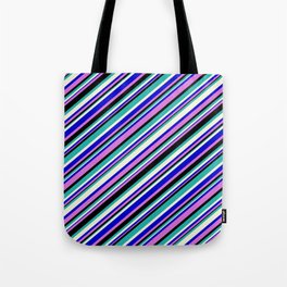 [ Thumbnail: Blue, Orchid, Black, Light Sea Green & Beige Colored Pattern of Stripes Tote Bag ]