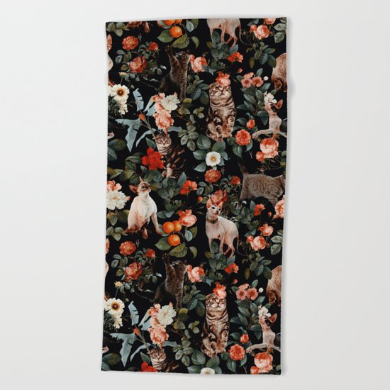 Cat and Floral Pattern II Beach Towel