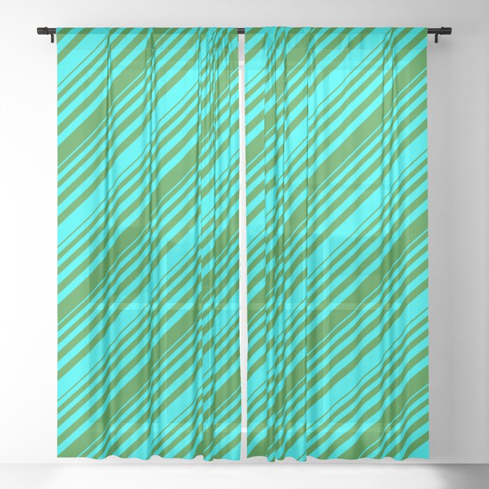 Cyan and Forest Green Colored Lined/Striped Pattern Sheer Curtain
