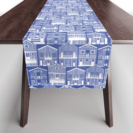 Monochromatic Portuguese houses // electric blue background white striped Costa Nova inspired houses Table Runner