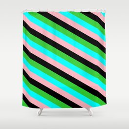 [ Thumbnail: Lime Green, Cyan, Light Pink & Black Colored Striped Pattern Shower Curtain ]
