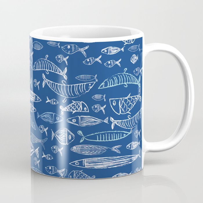Fishes pattern, classic, sea, ocean, underwater, water, pattern, fishes, fish, whales, nautical, blue-white, painting, digital, stripes, summer, beach, sharks, navy  Coffee Mug
