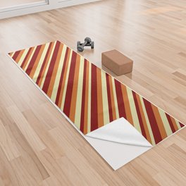 [ Thumbnail: Pale Goldenrod, Chocolate & Maroon Colored Lined/Striped Pattern Yoga Towel ]