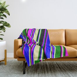 [ Thumbnail: Eye-catching Fuchsia, Blue, Pale Goldenrod, Green, and Black Colored Pattern of Stripes Throw Blanket ]