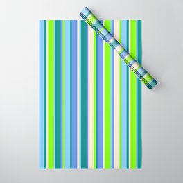[ Thumbnail: Eye-catching Chartreuse, Light Sky Blue, Dark Cyan, Cornflower Blue, and Beige Colored Lines Pattern Wrapping Paper ]