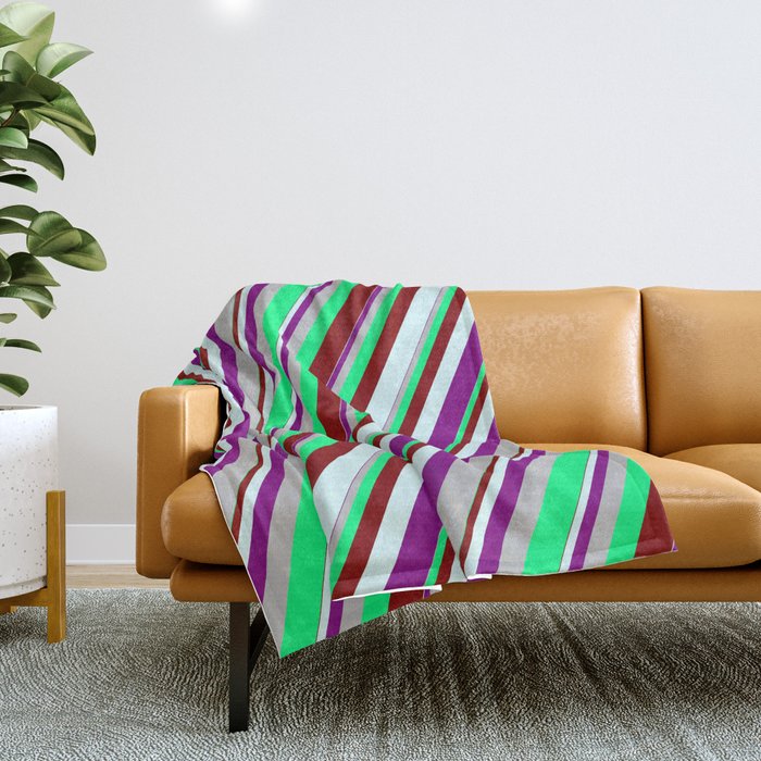 Vibrant Green, Maroon, Light Cyan, Purple, and Grey Colored Lines Pattern Throw Blanket