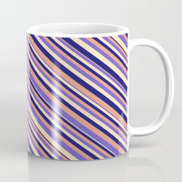 [ Thumbnail: Dark Salmon, Slate Blue, Beige & Midnight Blue Colored Lines Pattern Coffee Mug ]