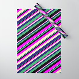 [ Thumbnail: Eyecatching Fuchsia, Bisque, Midnight Blue, Sea Green & Black Colored Lines/Stripes Pattern Wrapping Paper ]