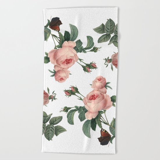 Rose Garden Butterfly Pink on White Beach Towel