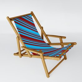 [ Thumbnail: Deep Sky Blue and Dark Red Colored Lined Pattern Sling Chair ]