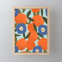 Clementine Orange Blue Flowers Pattern Leaves Framed Mini Art Print