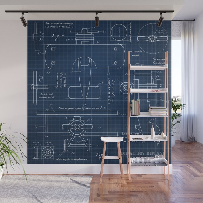 Toy Airplane Blueprint Wall Mural