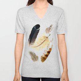 Brown feathers art, Five Feathers design, Tribal Boho style Unisex V-Neck