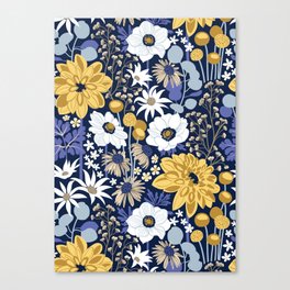 Boho garden // oxford navy blue background background very peri pastel blue yellow ivory and white flowers  Canvas Print