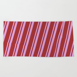 [ Thumbnail: Plum & Brown Colored Striped/Lined Pattern Beach Towel ]