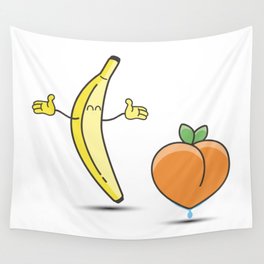 Happy banana with wet peach Wall Tapestry