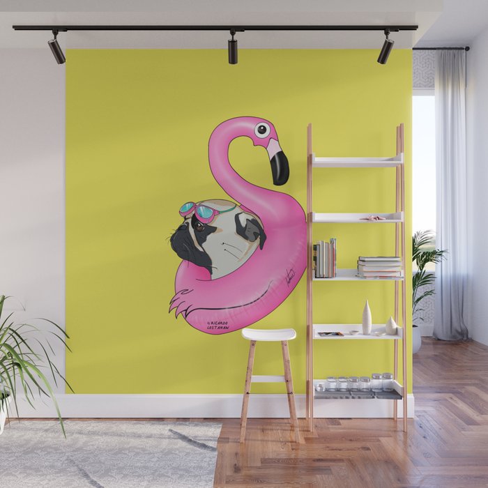 Flamingo Pug Float Wall Mural
