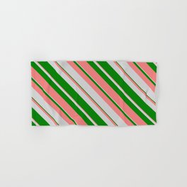 [ Thumbnail: Light Grey, Green & Light Coral Colored Lines/Stripes Pattern Hand & Bath Towel ]