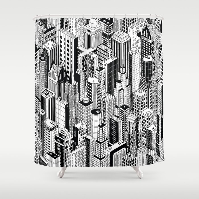 Skyscraper City Seamless Pattern, hand drawing of different high-rise buildings like Manhattan in isometric projection. Illustration Shower Curtain
