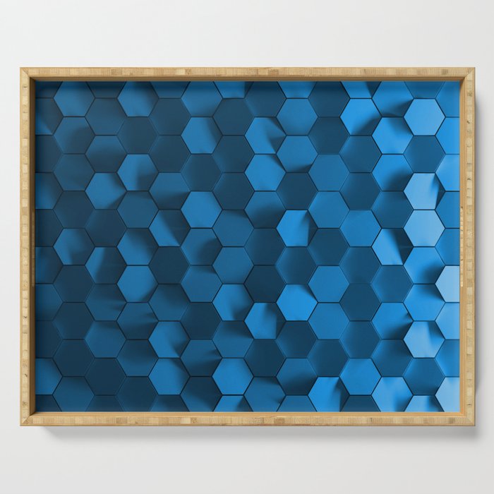 Blue hexagon abstract pattern Serving Tray