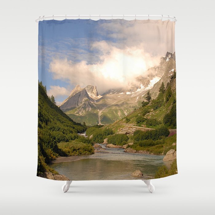 Mountain Valley River Alps Idyllic Alpine Landscape Shower Curtain