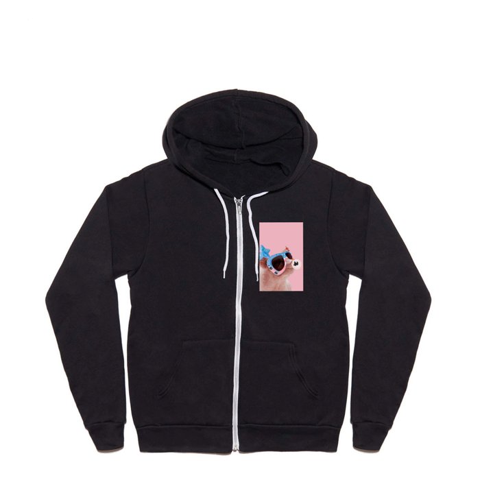 Bubble gum piggy with sunglasses in pink Full Zip Hoodie