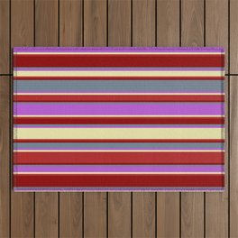 [ Thumbnail: Eyecatching Slate Gray, Orchid, Pale Goldenrod, Red, and Dark Red Colored Lines/Stripes Pattern Outdoor Rug ]