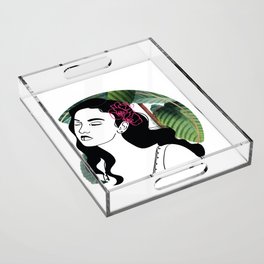 Woman with Flowers Abstract Line Art Acrylic Tray