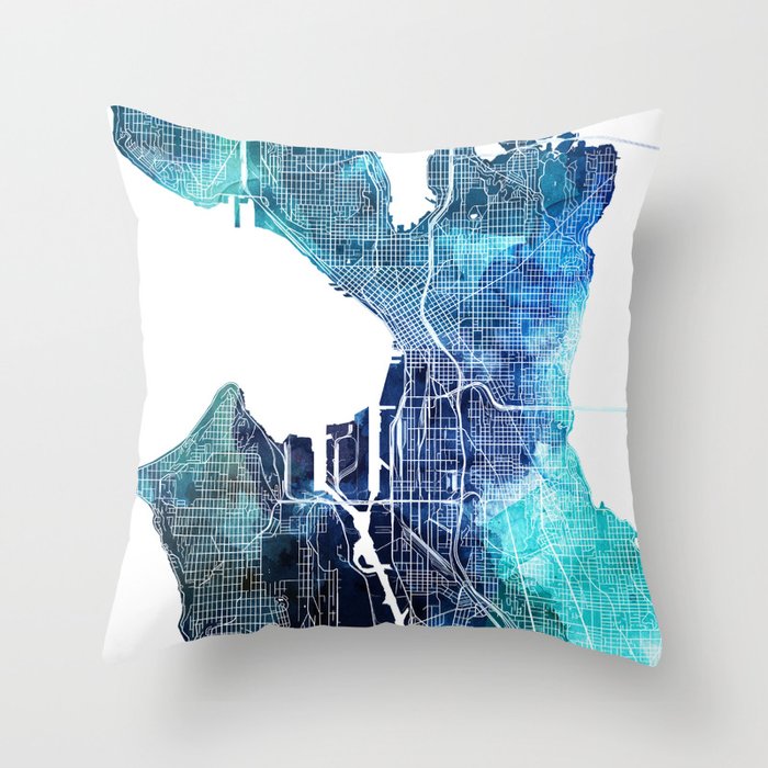 Seattle Washington State Map Navy Blue Turquoise Watercolor Throw