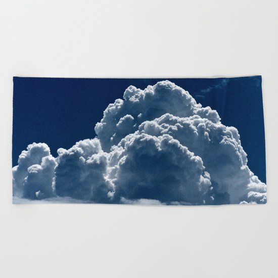 Puffy Cumulus clouds on Deep Blue Sky Beach Towel