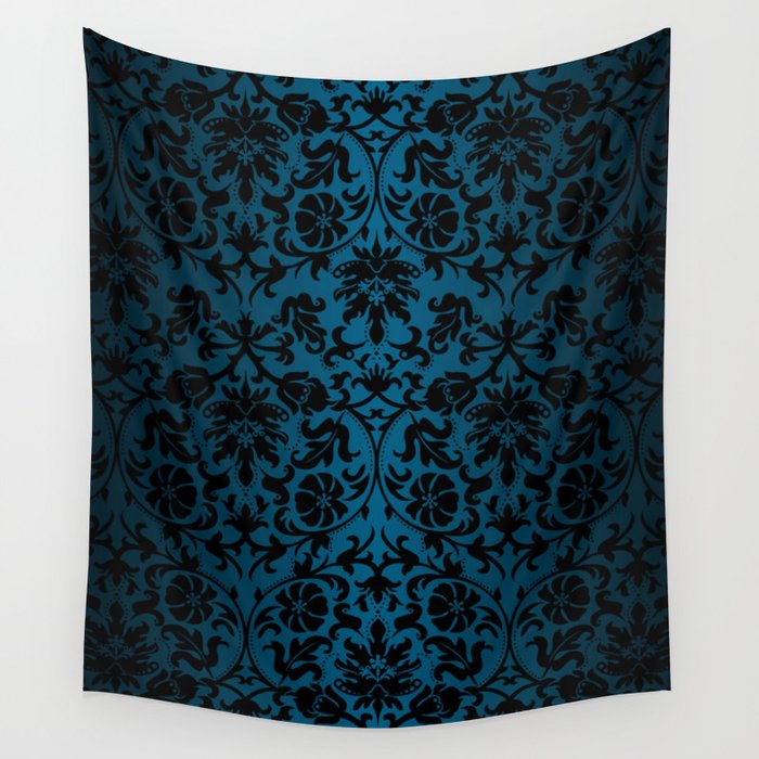 Teal and Black Floral Damask Wall Tapestry