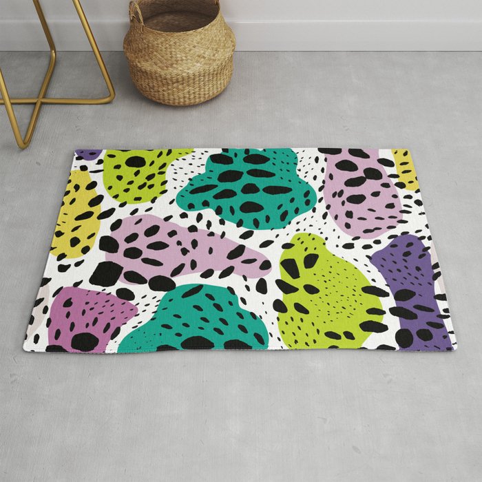 Modern abstract painted black polka dots fashion colors geometric shapes lavender lime Rug