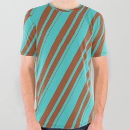 [ Thumbnail: Turquoise and Sienna Colored Lines Pattern All Over Graphic Tee ]