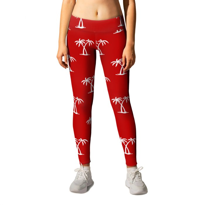 Red And White Palm Trees Pattern Leggings