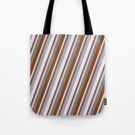 [ Thumbnail: Brown, Dark Gray, Lavender & Grey Colored Stripes Pattern Tote Bag ]
