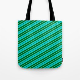 [ Thumbnail: Dark Turquoise & Dark Green Colored Lined/Striped Pattern Tote Bag ]