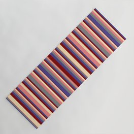 [ Thumbnail: Eyecatching Grey, Dark Slate Blue, Maroon, Beige, and Light Coral Colored Striped Pattern Yoga Mat ]