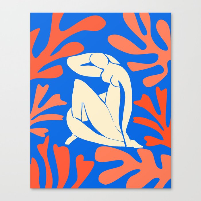 Bathing Nude with Coral and Blue Seagrass Matisse Inspired Abstract Painting Canvas Print