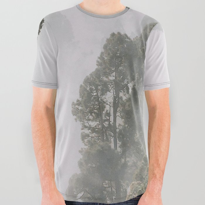 Tall forest trees above the morning mist All Over Graphic Tee