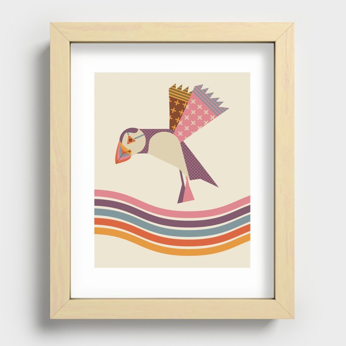 Retro puffin Over Rainbow Waves Recessed Framed Print