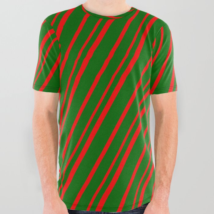 Dark Green & Red Colored Lines Pattern All Over Graphic Tee