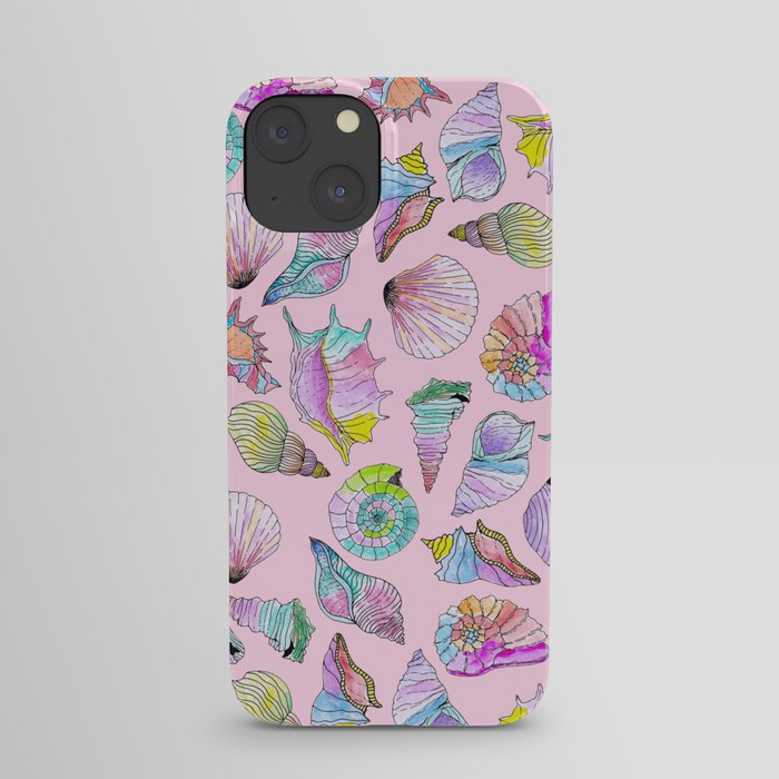 Summer Seashells in Girly Painted Watercolor Paint iPhone Case