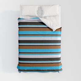 [ Thumbnail: Brown, Deep Sky Blue, Lavender, and Black Colored Pattern of Stripes Comforter ]