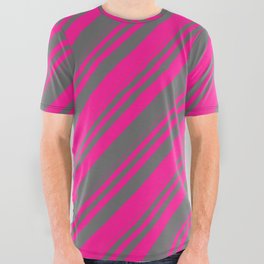 [ Thumbnail: Deep Pink & Dim Grey Colored Lined Pattern All Over Graphic Tee ]