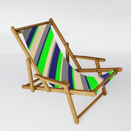[ Thumbnail: Lime, Tan, Gray, and Midnight Blue Colored Stripes Pattern Sling Chair ]