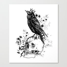 Black raven with skull and crow, skeleton eucaliptus leaves, black and white Canvas Print