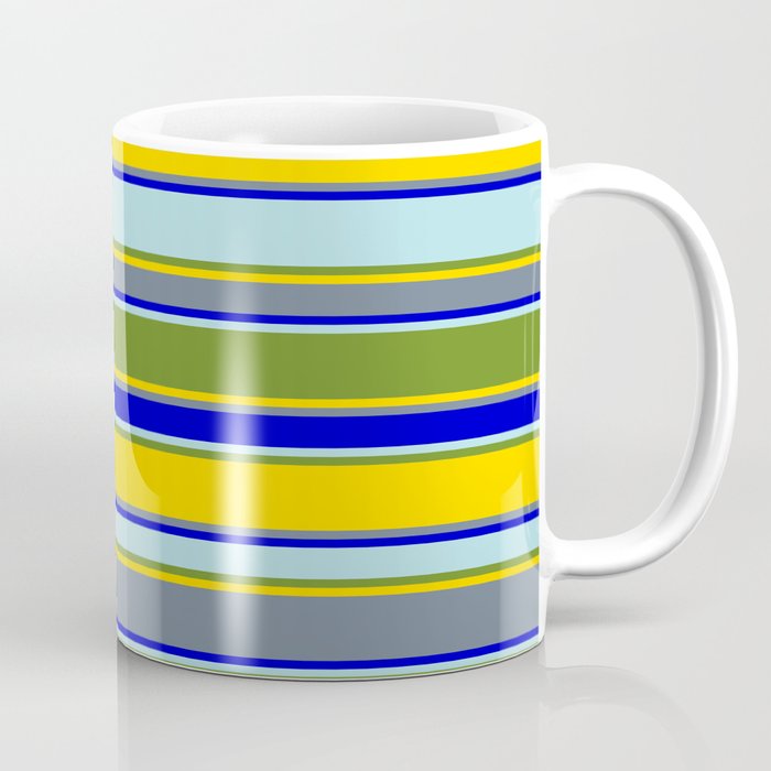 Colorful Powder Blue, Green, Yellow, Slate Gray & Blue Colored Striped Pattern Coffee Mug