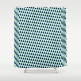 [ Thumbnail: Blue, Light Cyan, Green, and Light Sky Blue Colored Lines/Stripes Pattern Shower Curtain ]