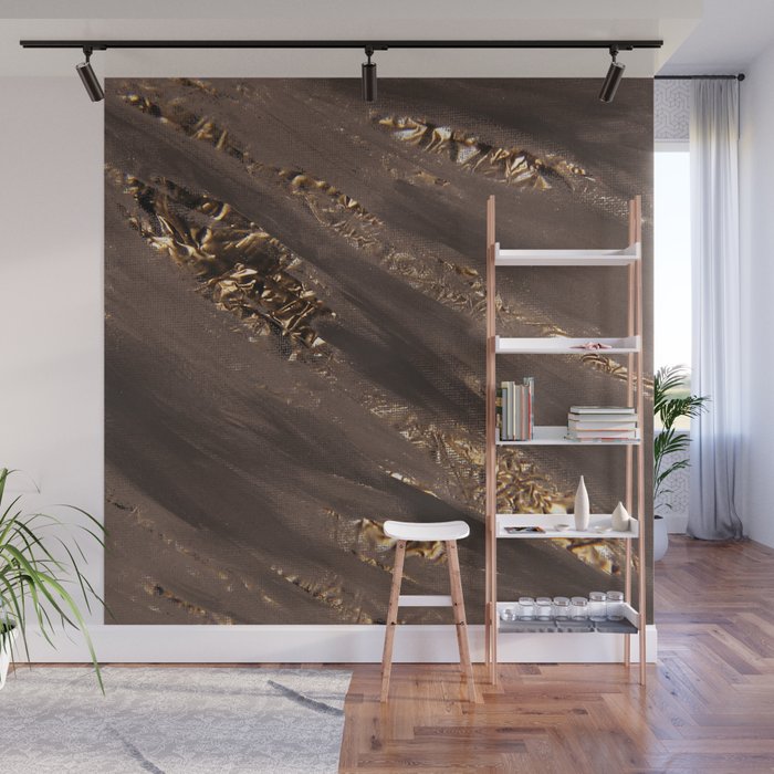 Brown Paint Brushstrokes Gold Foil Abstract Texture Wall Mural